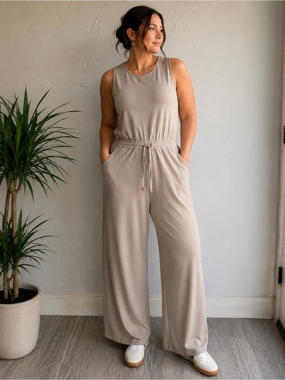 SPANX AirEssentials Sleeveless Jumpsuit XL Beige Taupe Wide Leg Lounge Travel